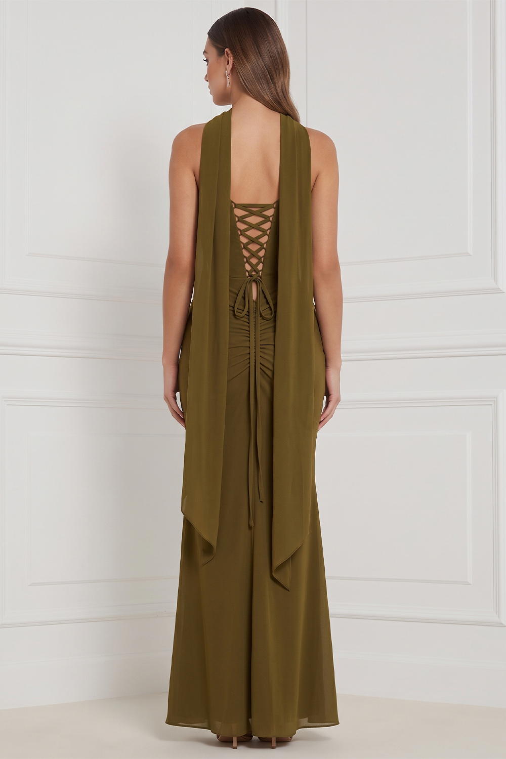 Olive Sheath Strapless Ruched Long Formal Dress with Slit