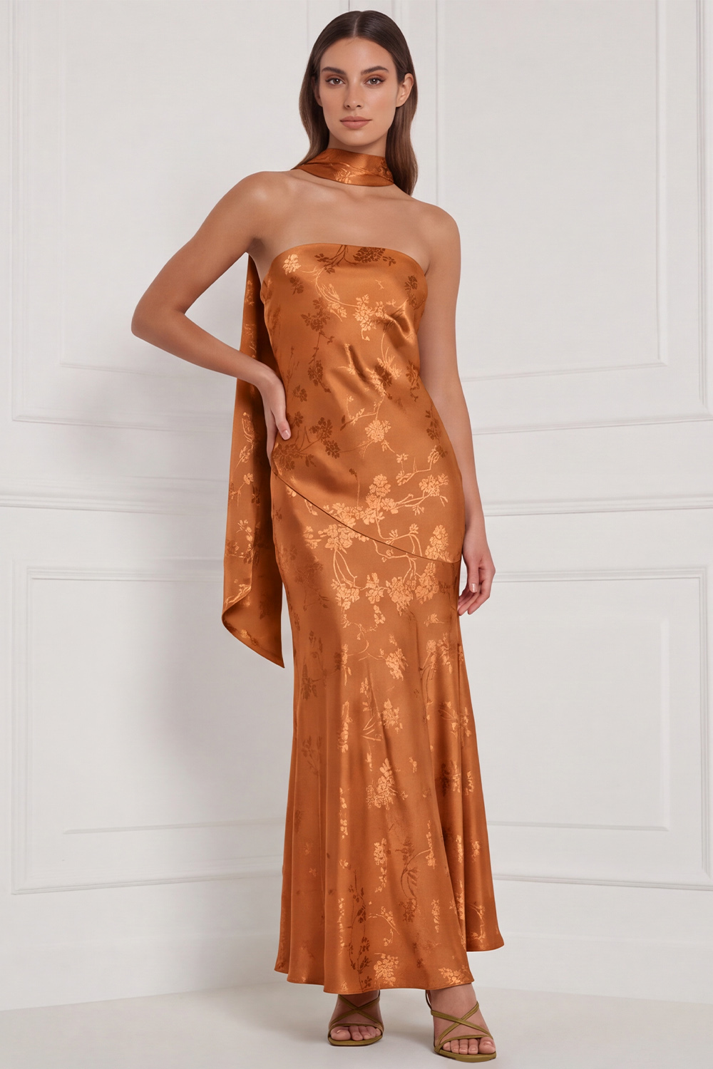 Burnt Orange Sheath Strapless Floral Long Formal Dress