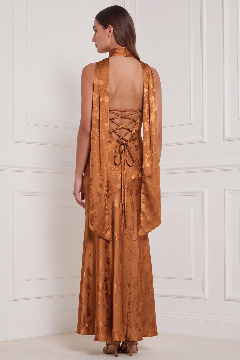 Burnt Orange Sheath Strapless Floral Long Formal Dress