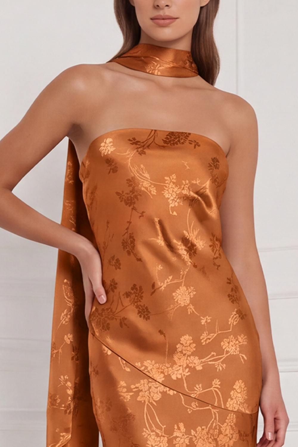 Burnt Orange Sheath Strapless Floral Long Formal Dress