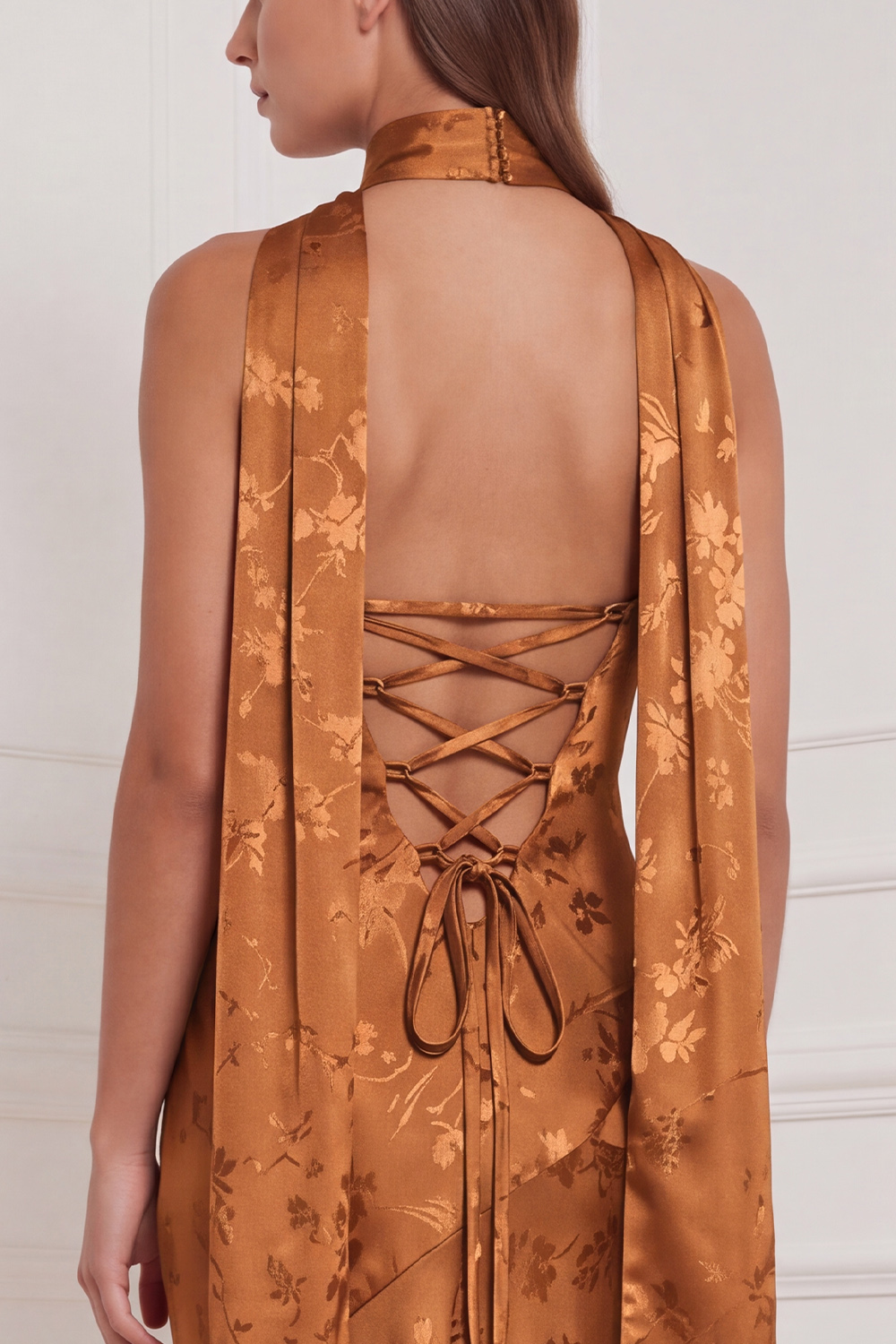 Burnt Orange Sheath Strapless Floral Long Formal Dress