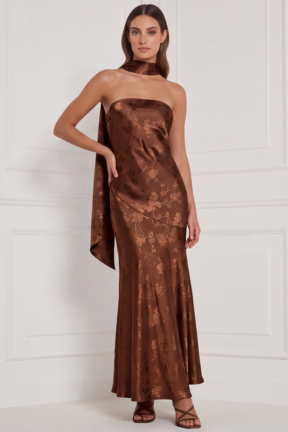 Burnt Orange Sheath Strapless Floral Long Formal Dress