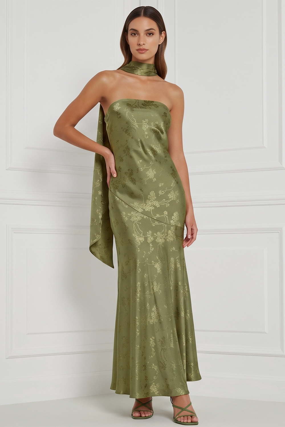 Burnt Orange Sheath Strapless Floral Long Formal Dress