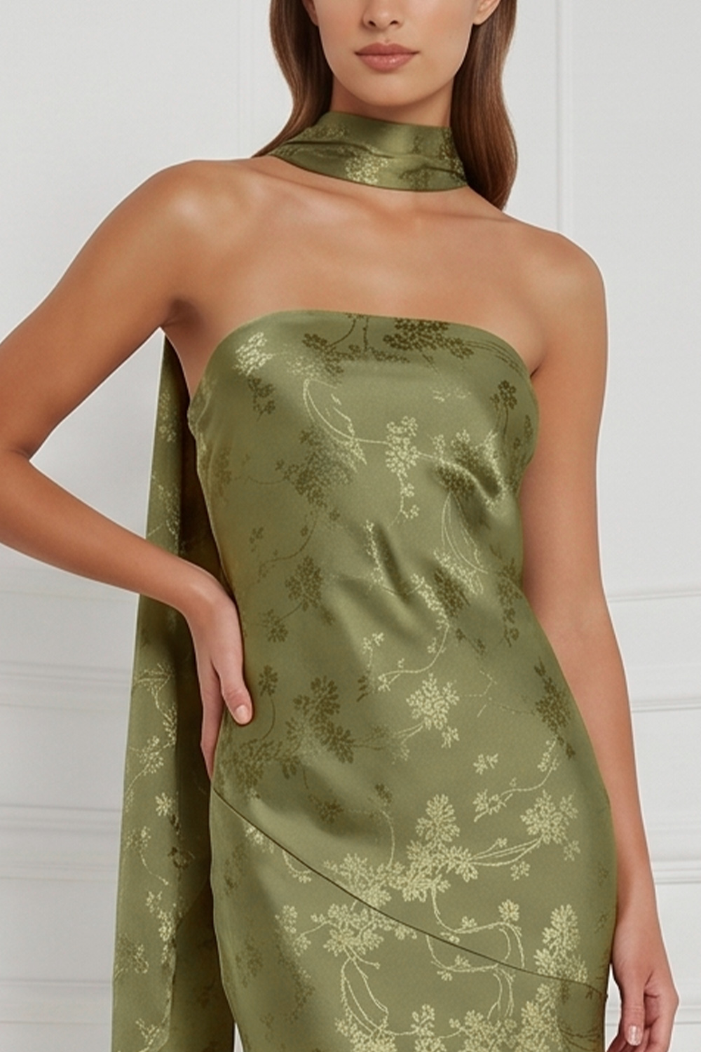 Burnt Orange Sheath Strapless Floral Long Formal Dress