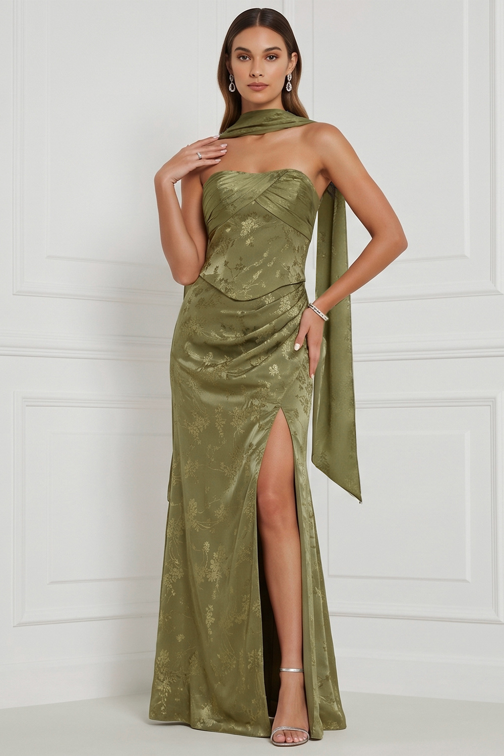 Olive Floral Sheath Strapless Ruched Long Formal Dress with Slit