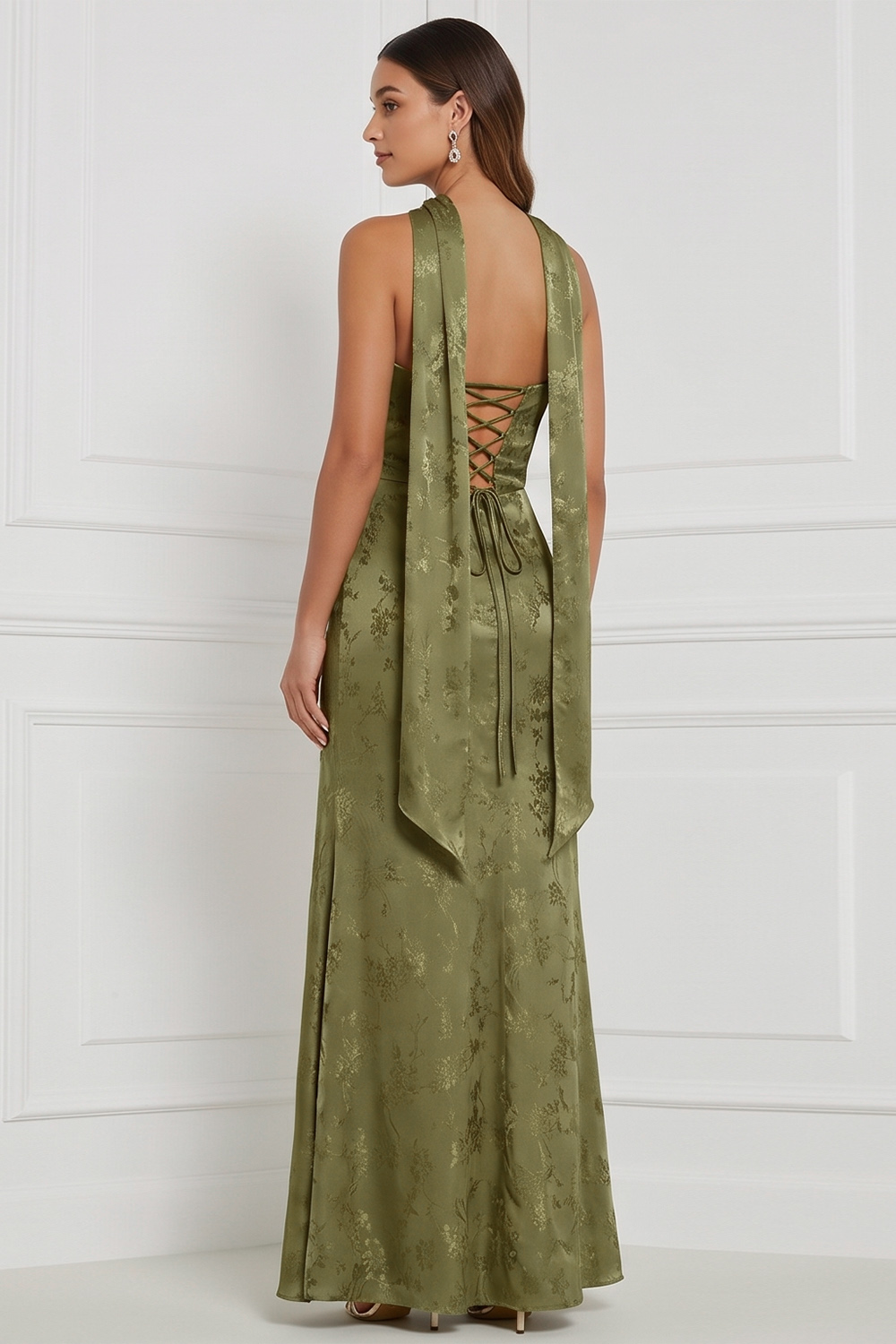 Olive Floral Sheath Strapless Ruched Long Formal Dress with Slit