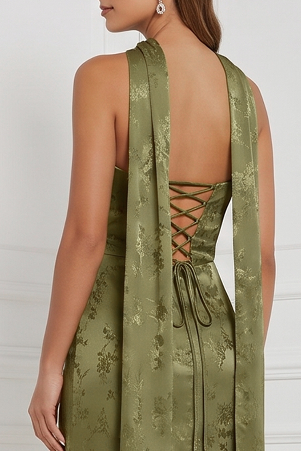 Olive Floral Sheath Strapless Ruched Long Formal Dress with Slit