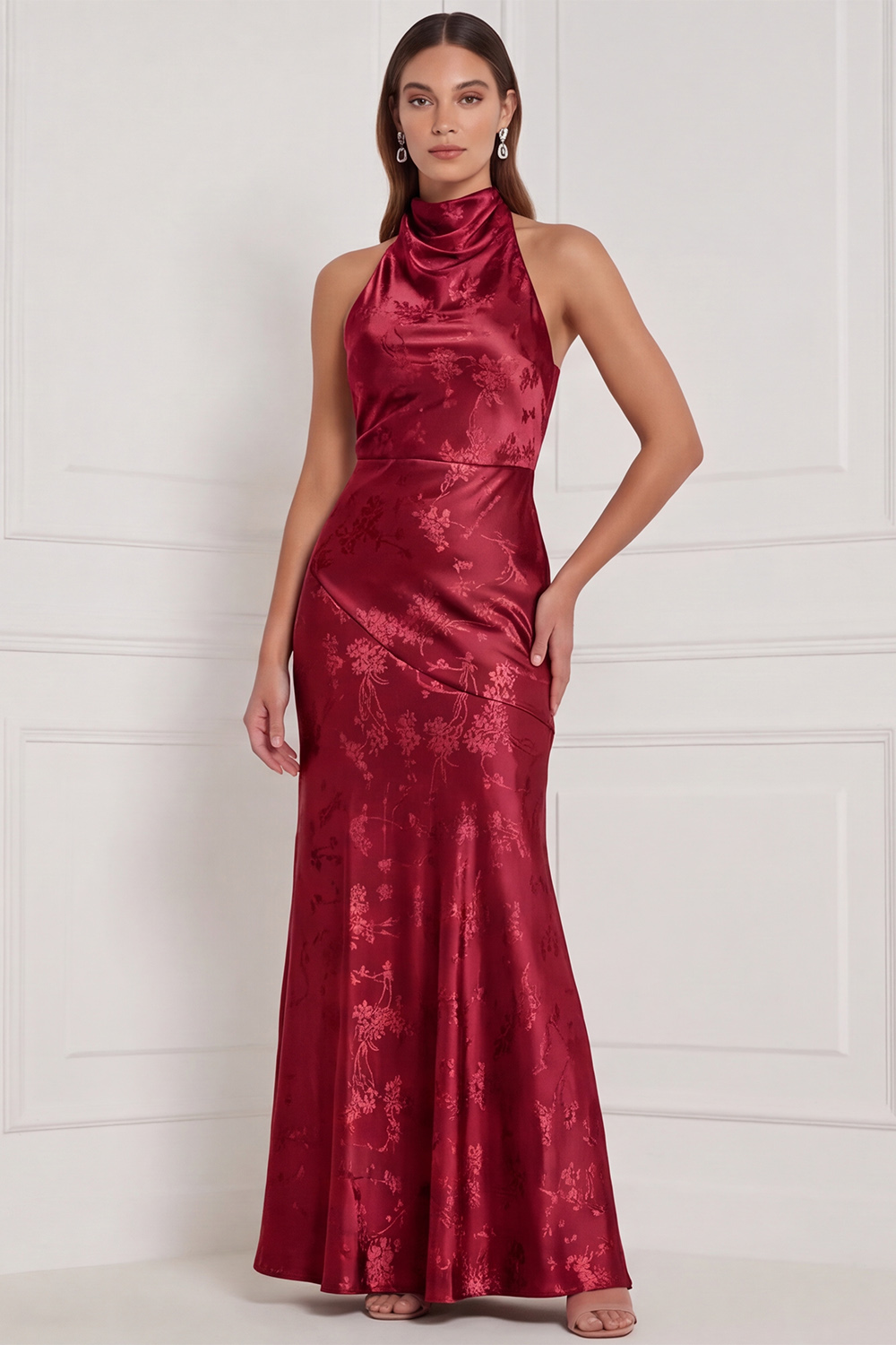 Olive Floral High Neck Sheath Long Formal Dress with Bow