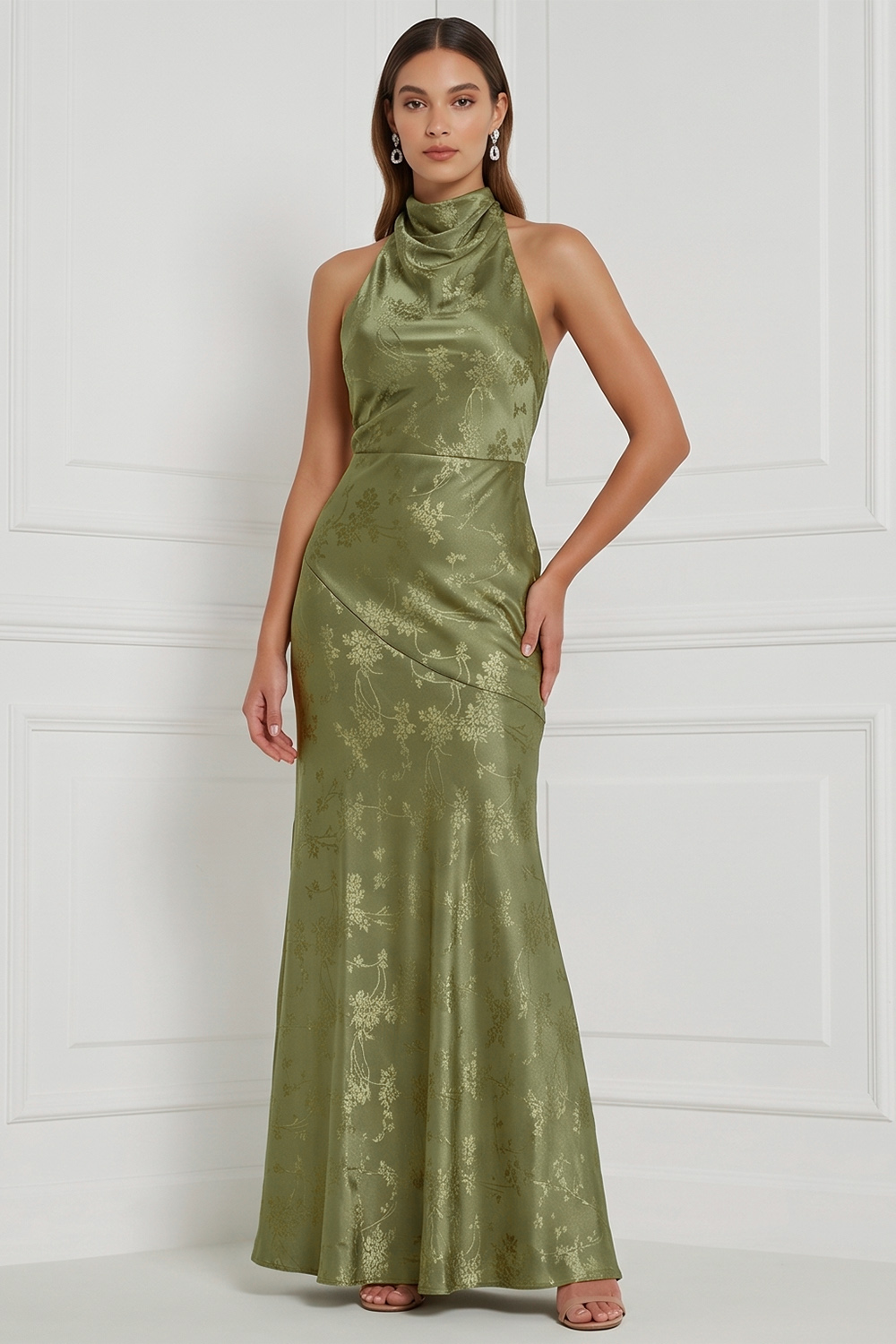 Olive Floral High Neck Sheath Long Formal Dress with Bow