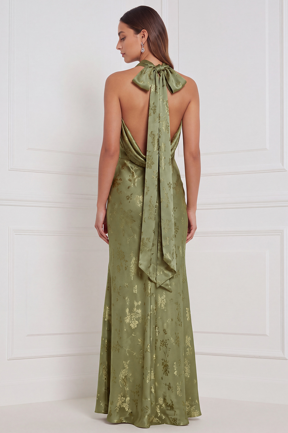 Olive Floral High Neck Sheath Long Formal Dress with Bow