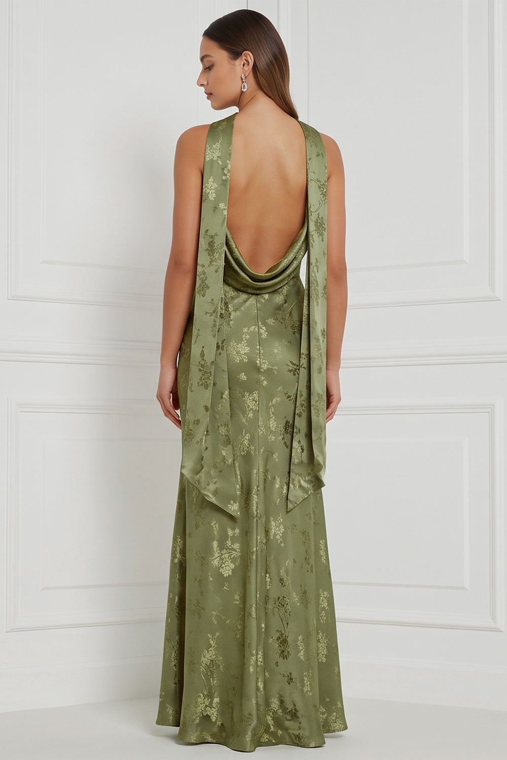 Olive Floral High Neck Sheath Long Formal Dress with Bow