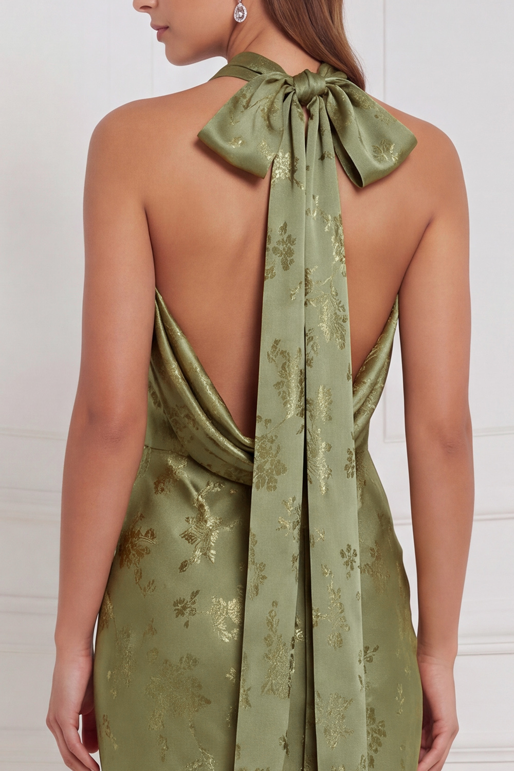 Olive Floral High Neck Sheath Long Formal Dress with Bow