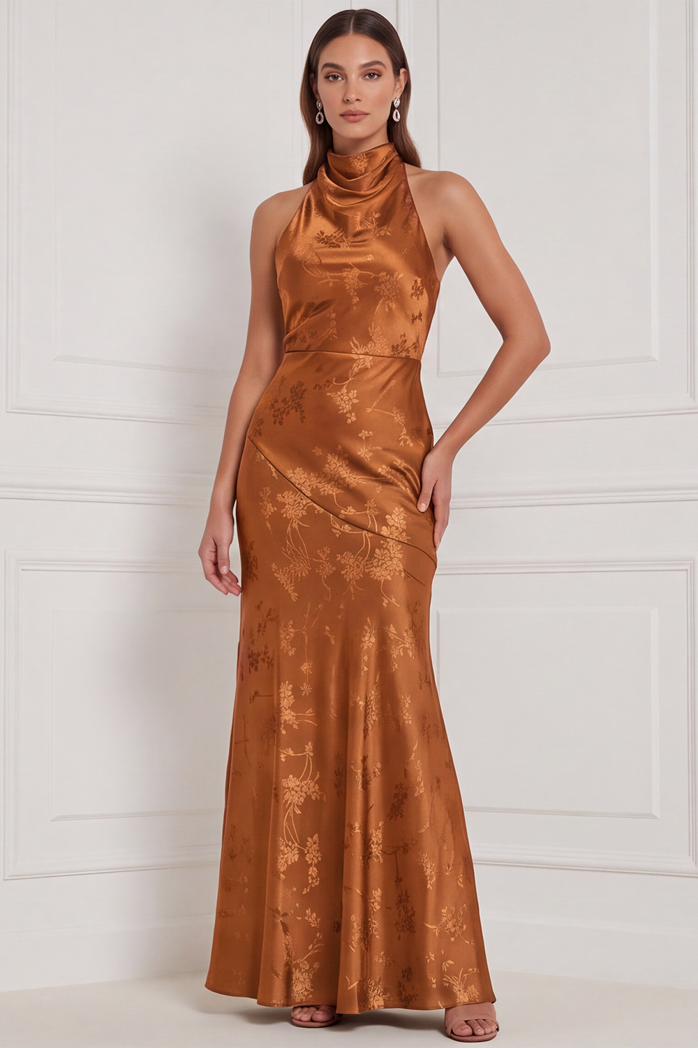 Olive Floral High Neck Sheath Long Formal Dress with Bow