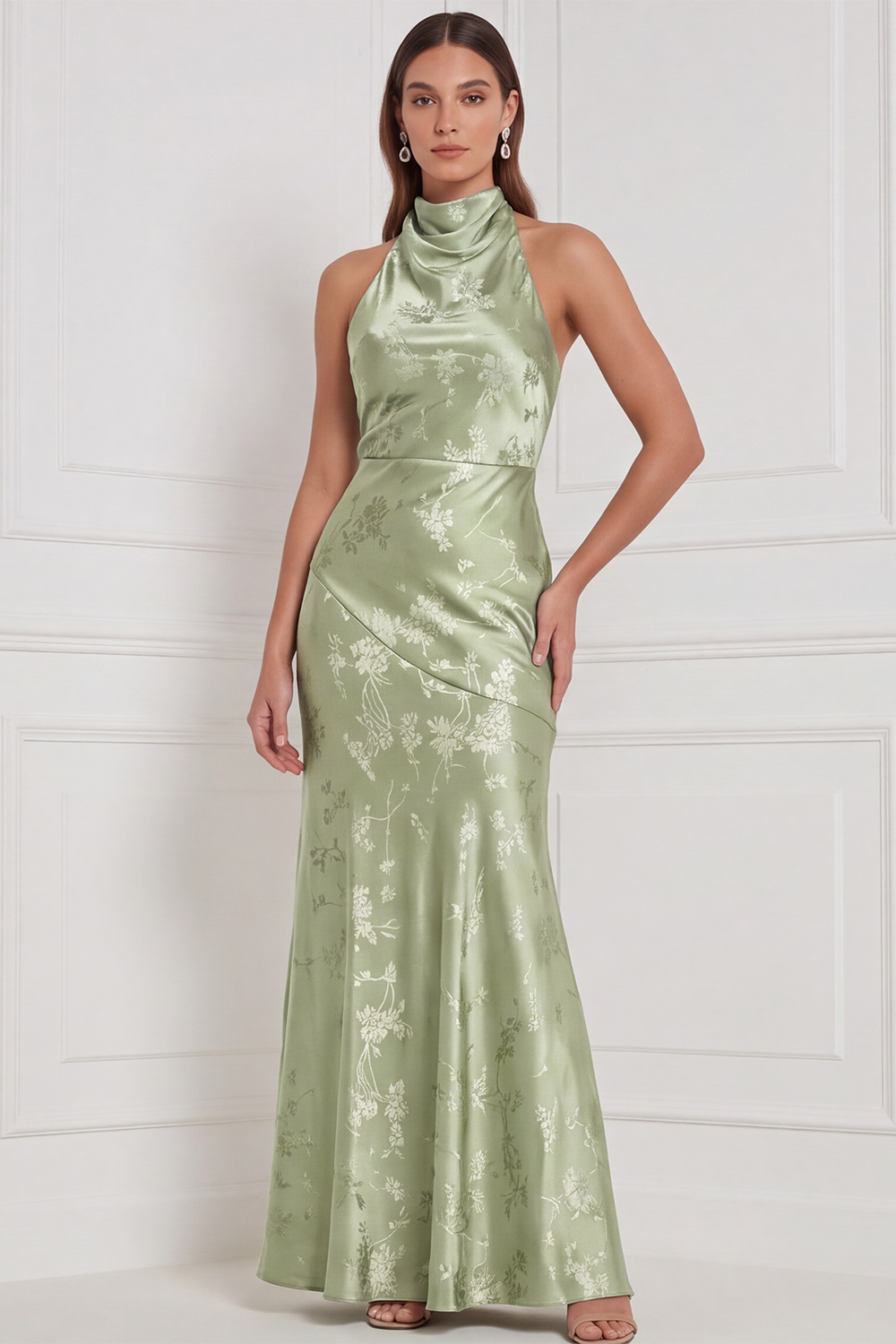 Olive Floral High Neck Sheath Long Formal Dress with Bow