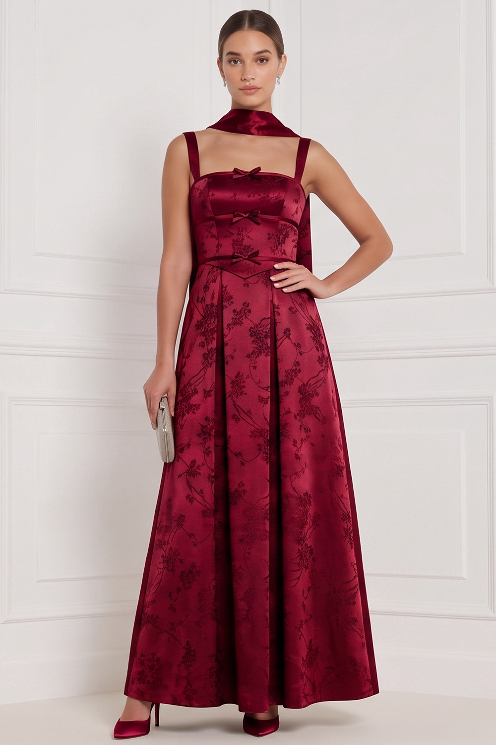 Espresso A-Line Square Neck Floral Long Formal Dress with Bow