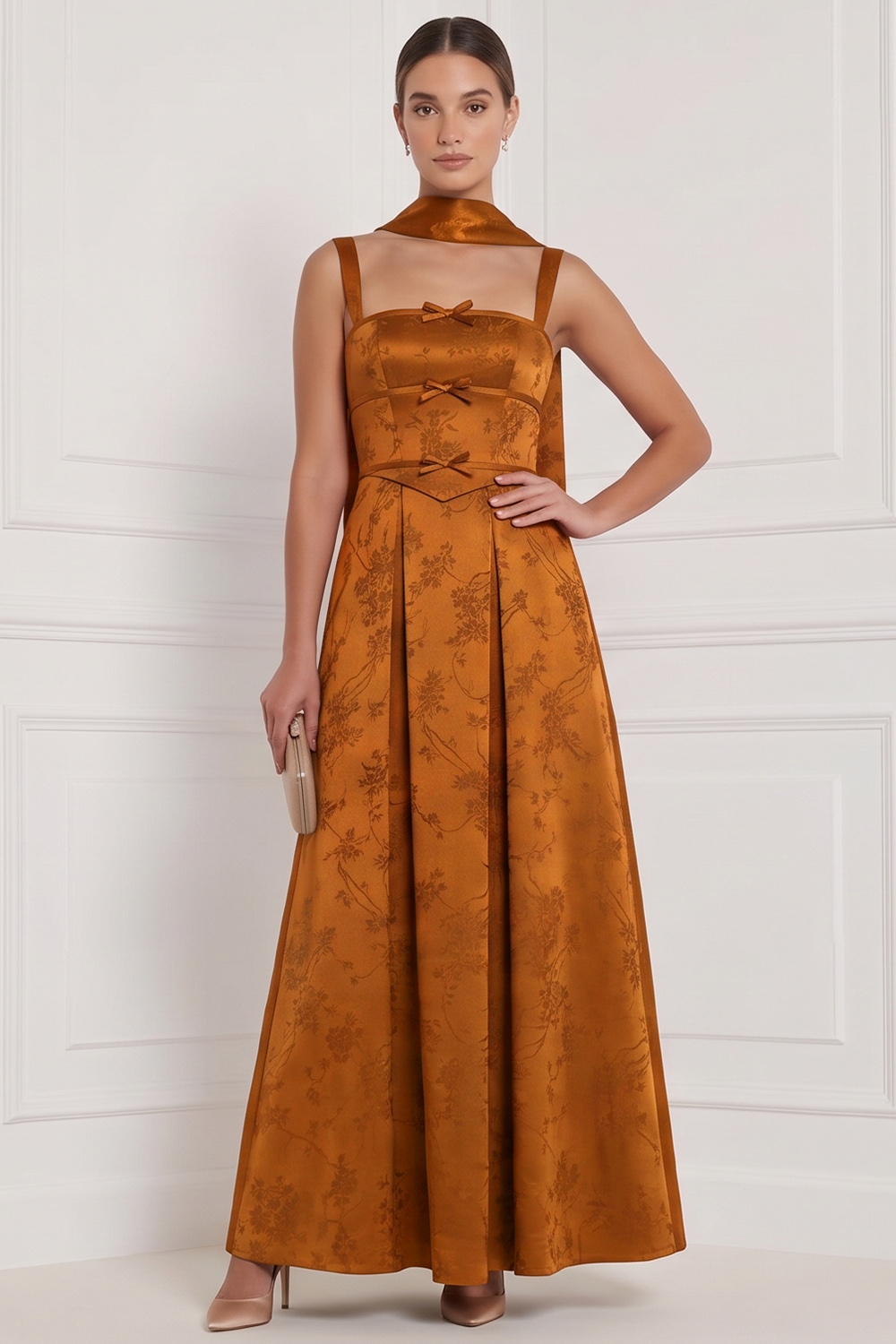 Espresso A-Line Square Neck Floral Long Formal Dress with Bow