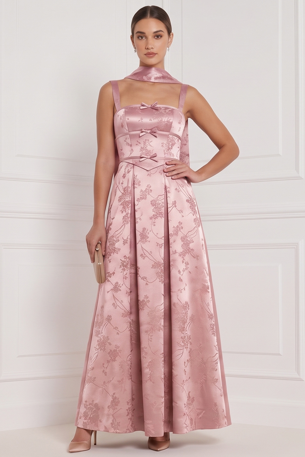 Espresso A-Line Square Neck Floral Long Formal Dress with Bow