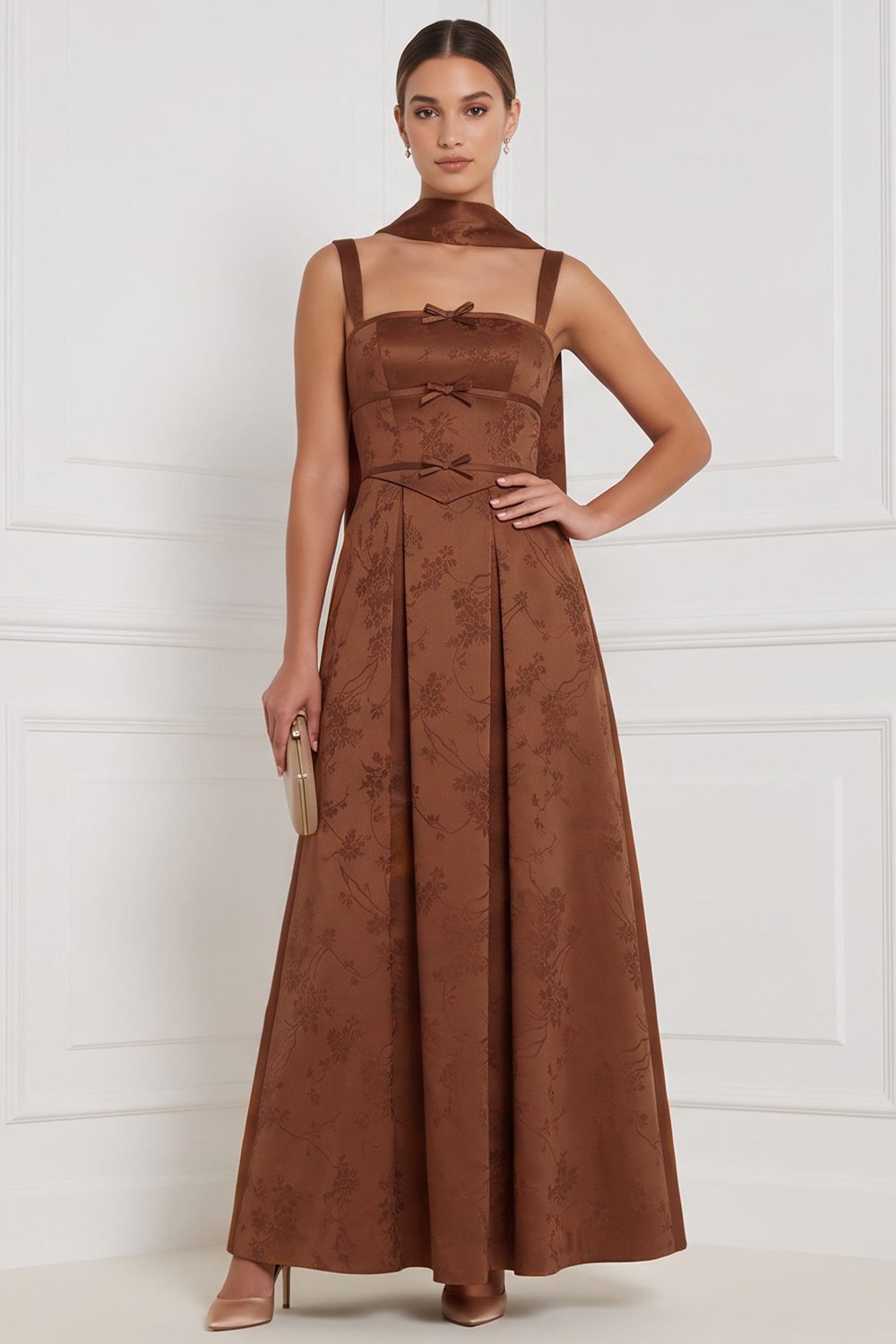 Espresso A-Line Square Neck Floral Long Formal Dress with Bow