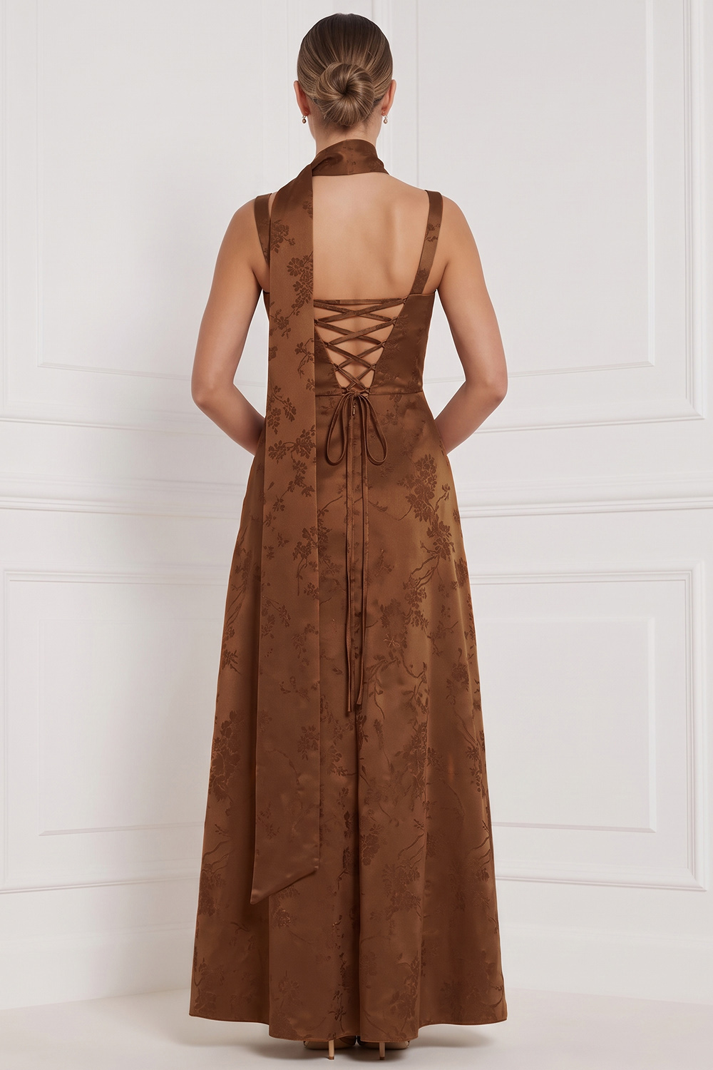 Espresso A-Line Square Neck Floral Long Formal Dress with Bow