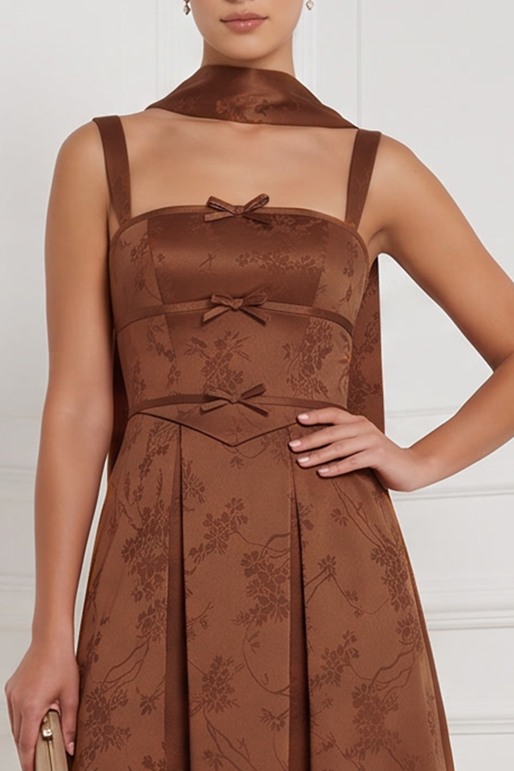 Espresso A-Line Square Neck Floral Long Formal Dress with Bow