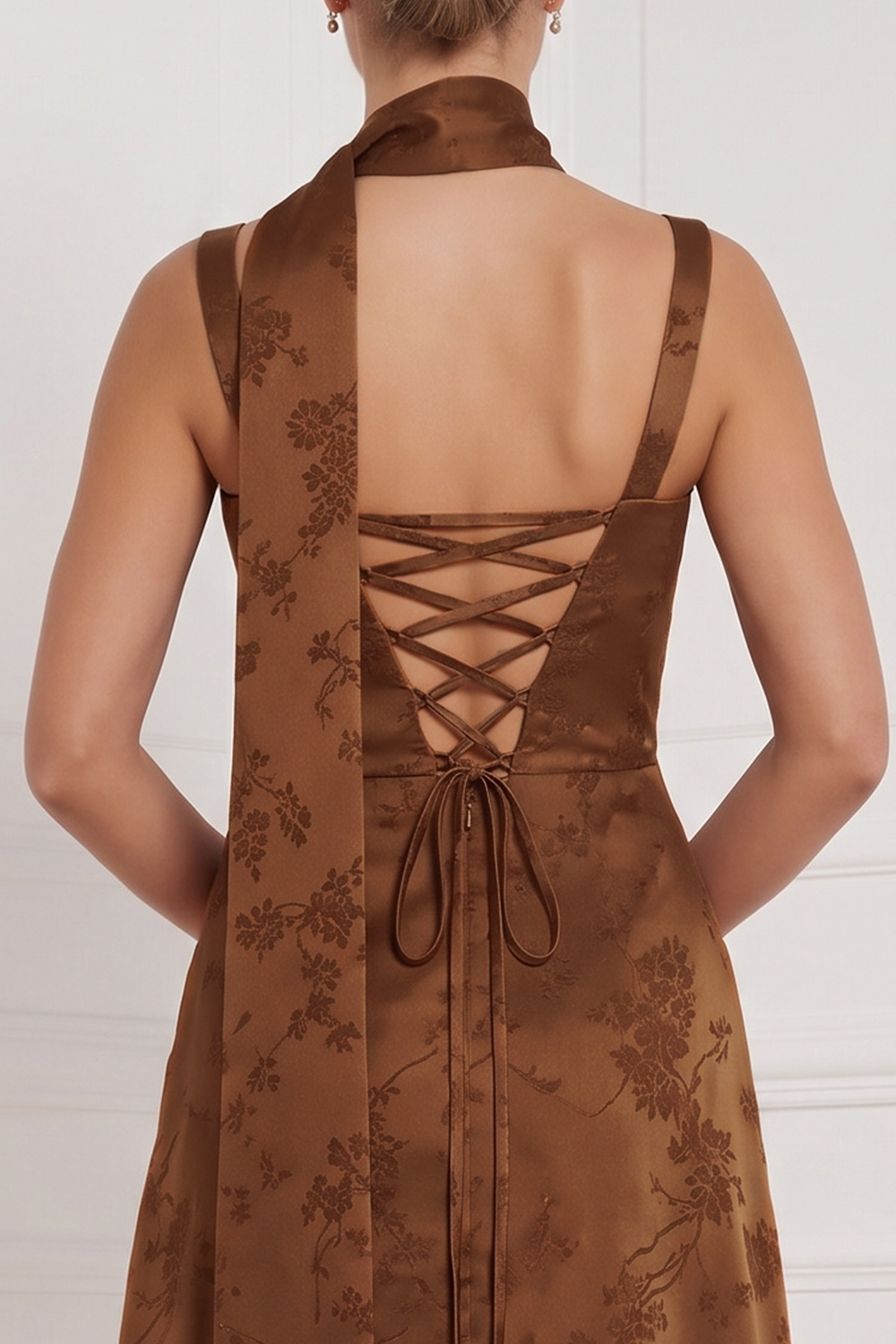Espresso A-Line Square Neck Floral Long Formal Dress with Bow