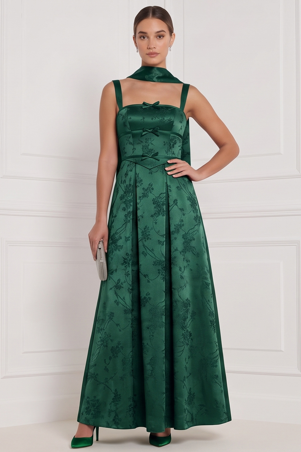 Espresso A-Line Square Neck Floral Long Formal Dress with Bow