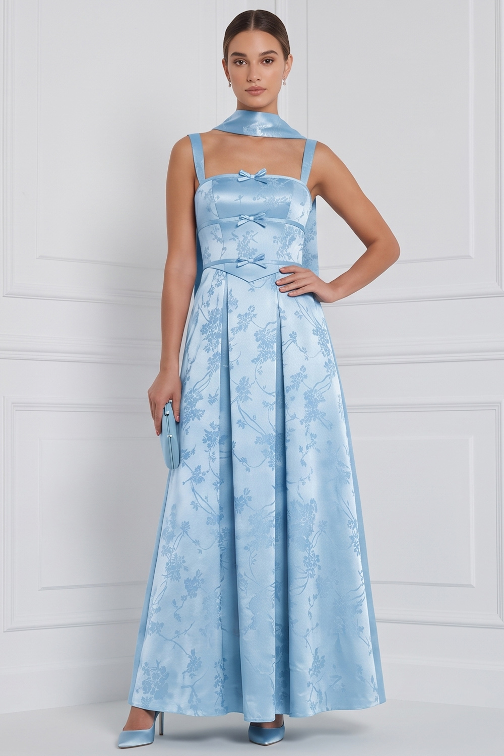 Espresso A-Line Square Neck Floral Long Formal Dress with Bow