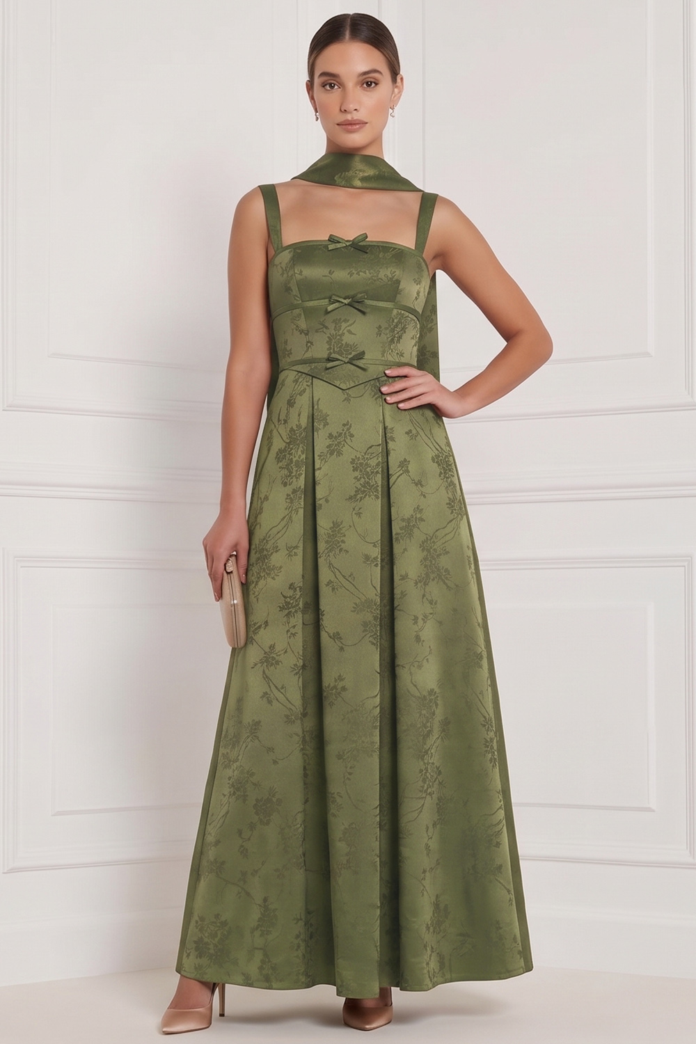 Espresso A-Line Square Neck Floral Long Formal Dress with Bow