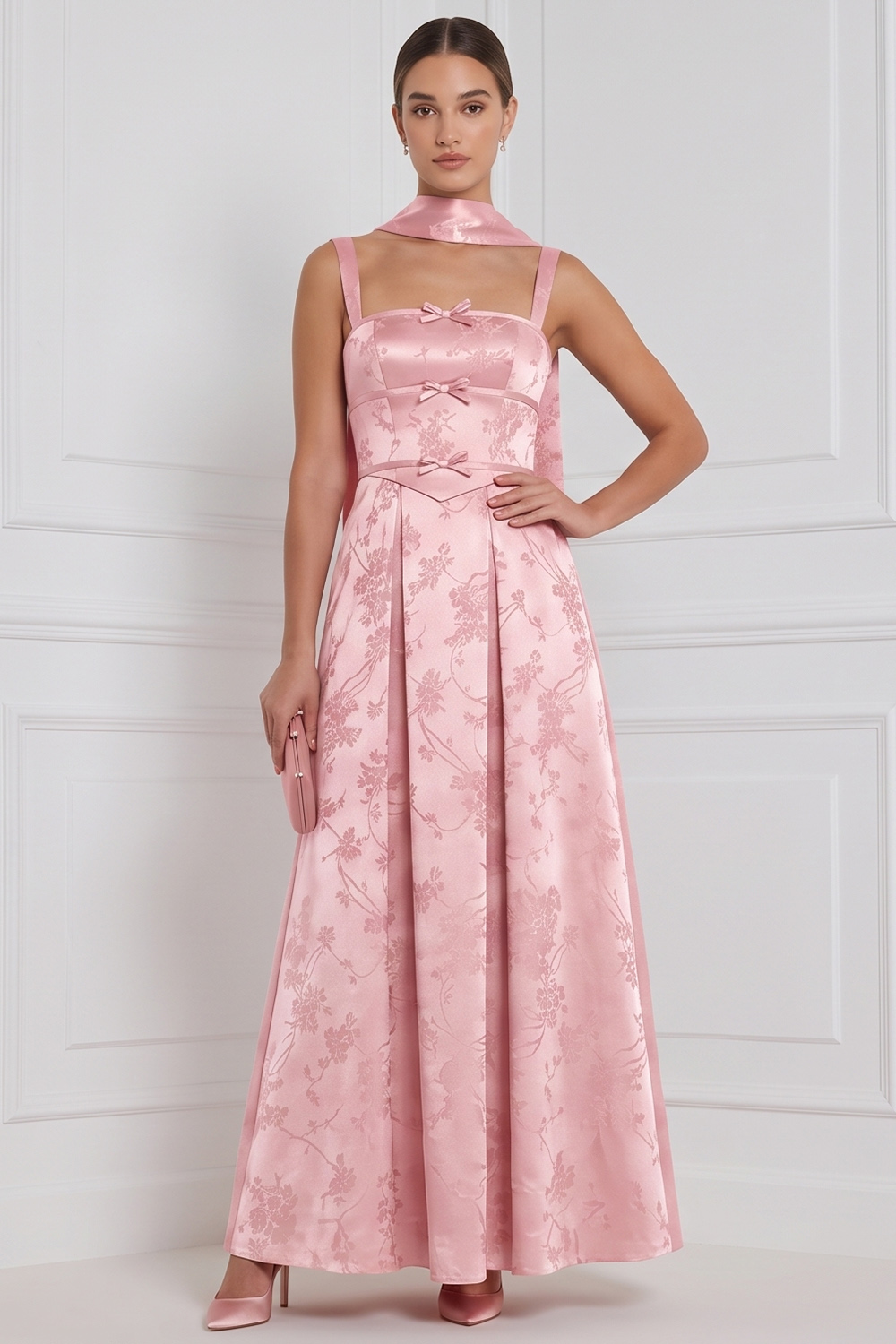 Espresso A-Line Square Neck Floral Long Formal Dress with Bow