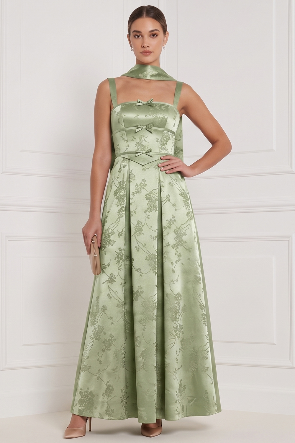 Espresso A-Line Square Neck Floral Long Formal Dress with Bow