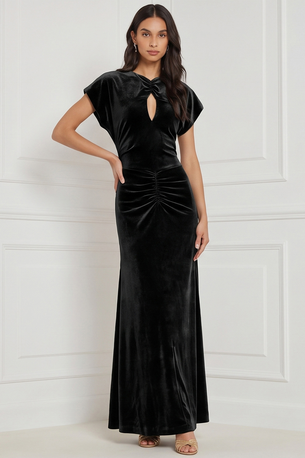 Espresso Velvet Sheath Keyhole Ruched Long Holiday Party Dress