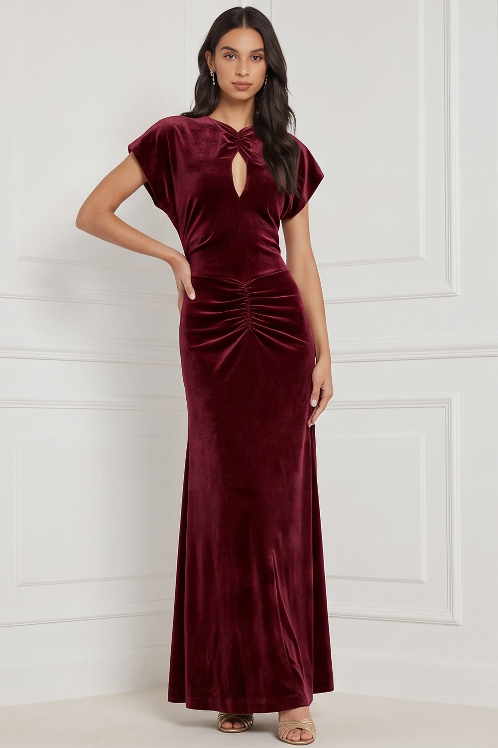 Espresso Velvet Sheath Keyhole Ruched Long Holiday Party Dress