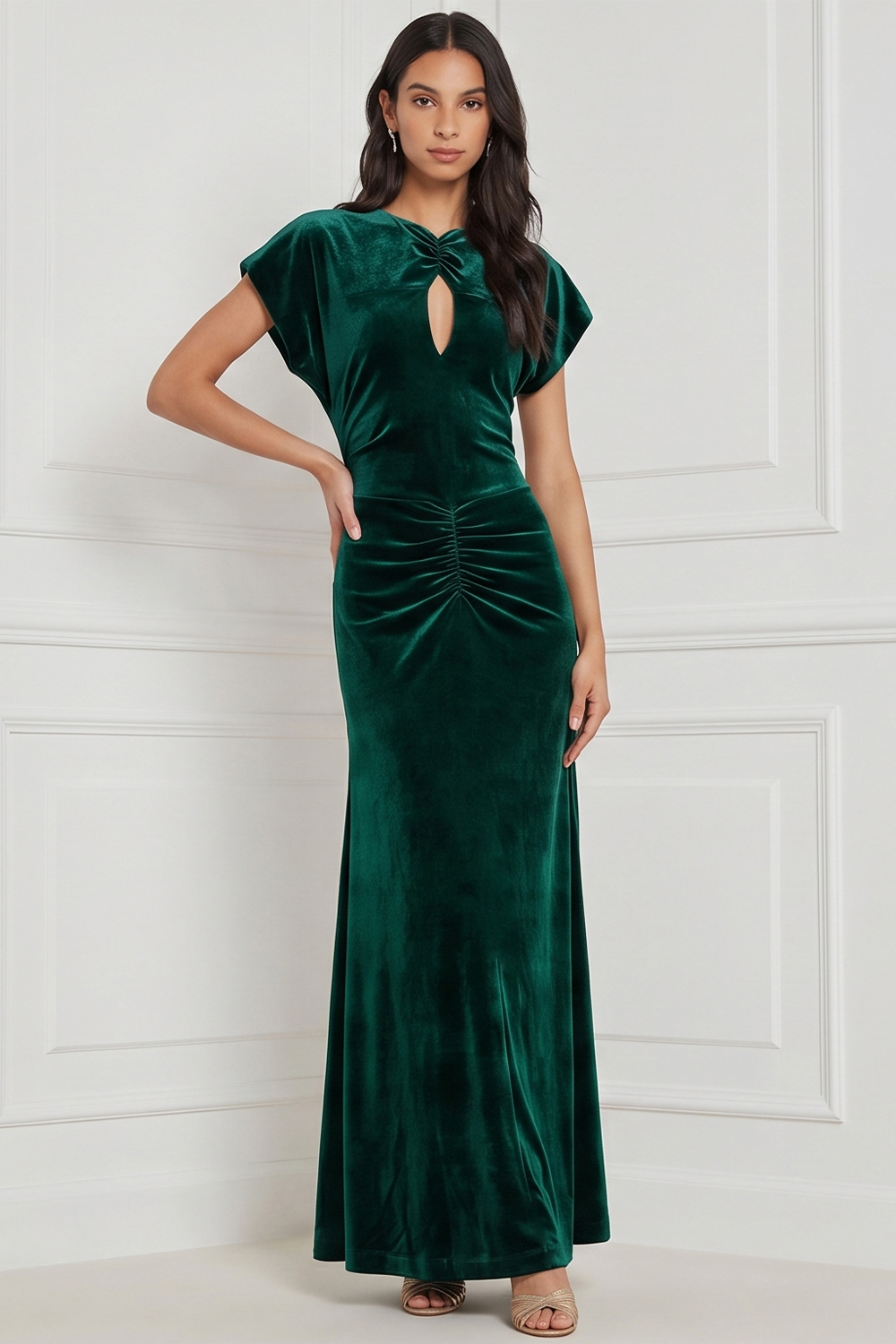 Espresso Velvet Sheath Keyhole Ruched Long Holiday Party Dress