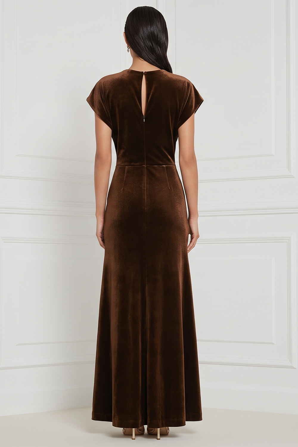 Espresso Velvet Sheath Keyhole Ruched Long Holiday Party Dress