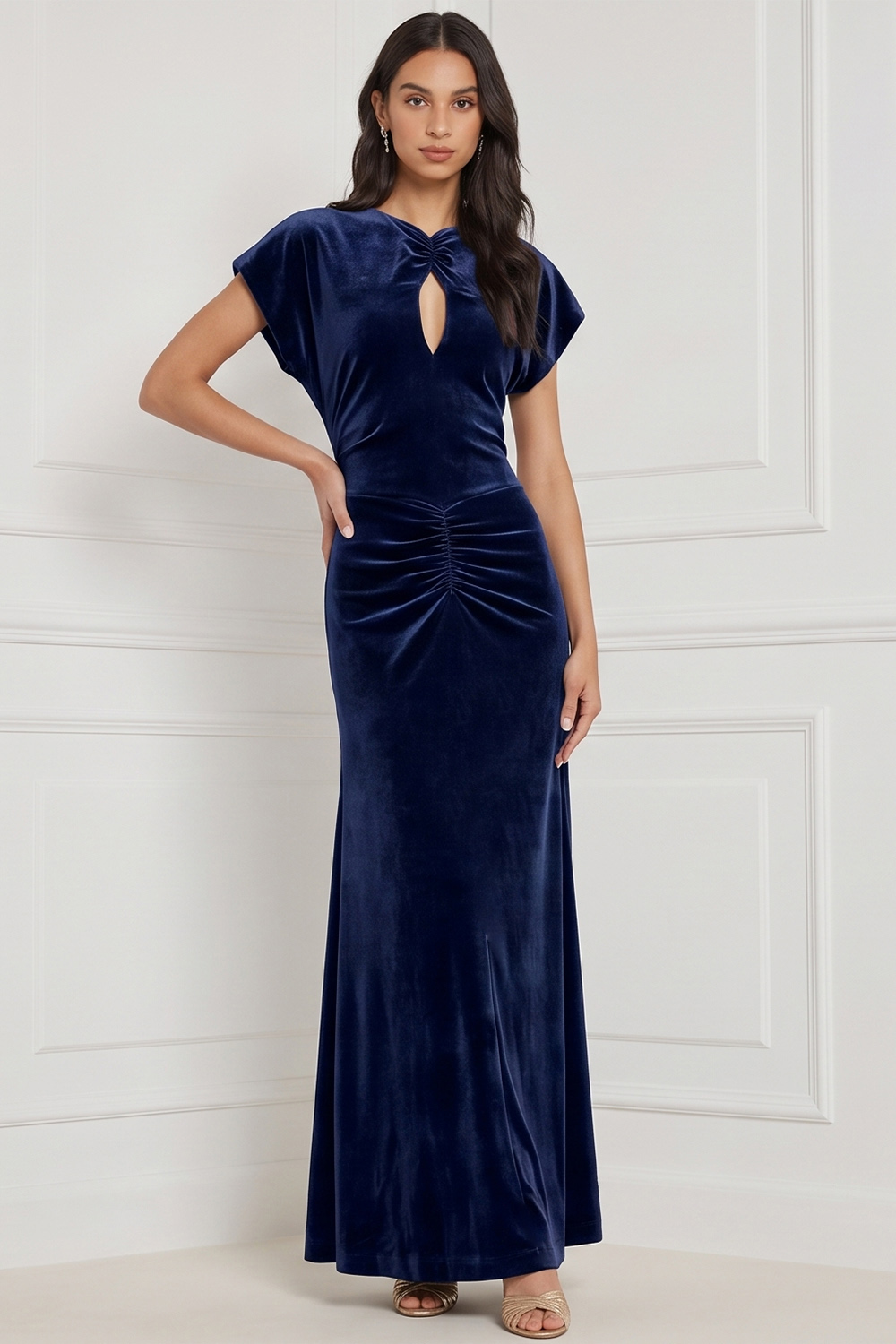 Espresso Velvet Sheath Keyhole Ruched Long Holiday Party Dress