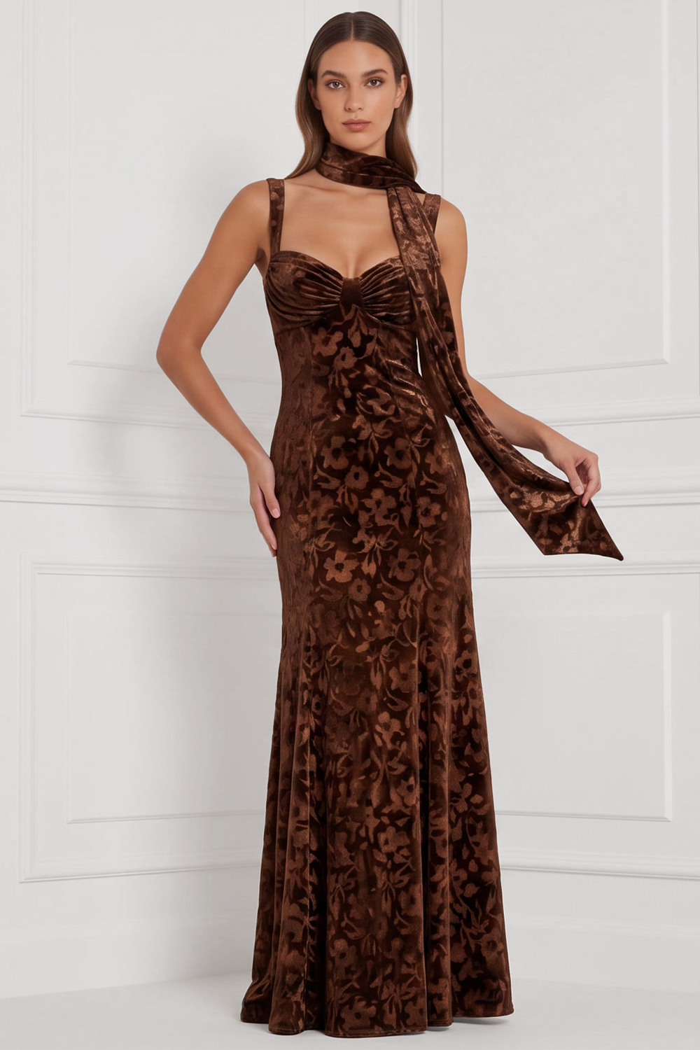 Espresso Thick Straps Sheath Ruched Long Floral Holiday Party Dress