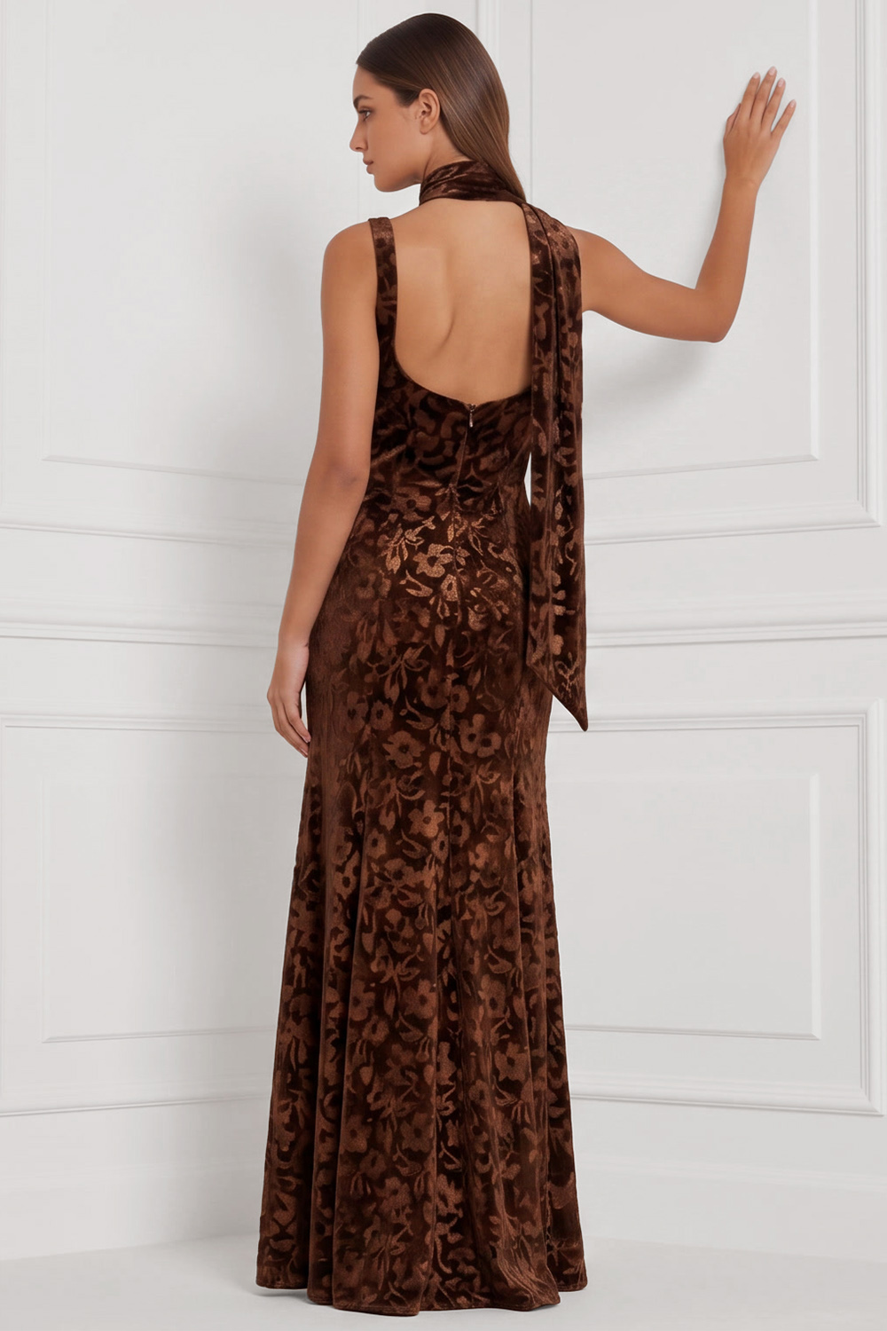 Espresso Thick Straps Sheath Ruched Long Floral Holiday Party Dress