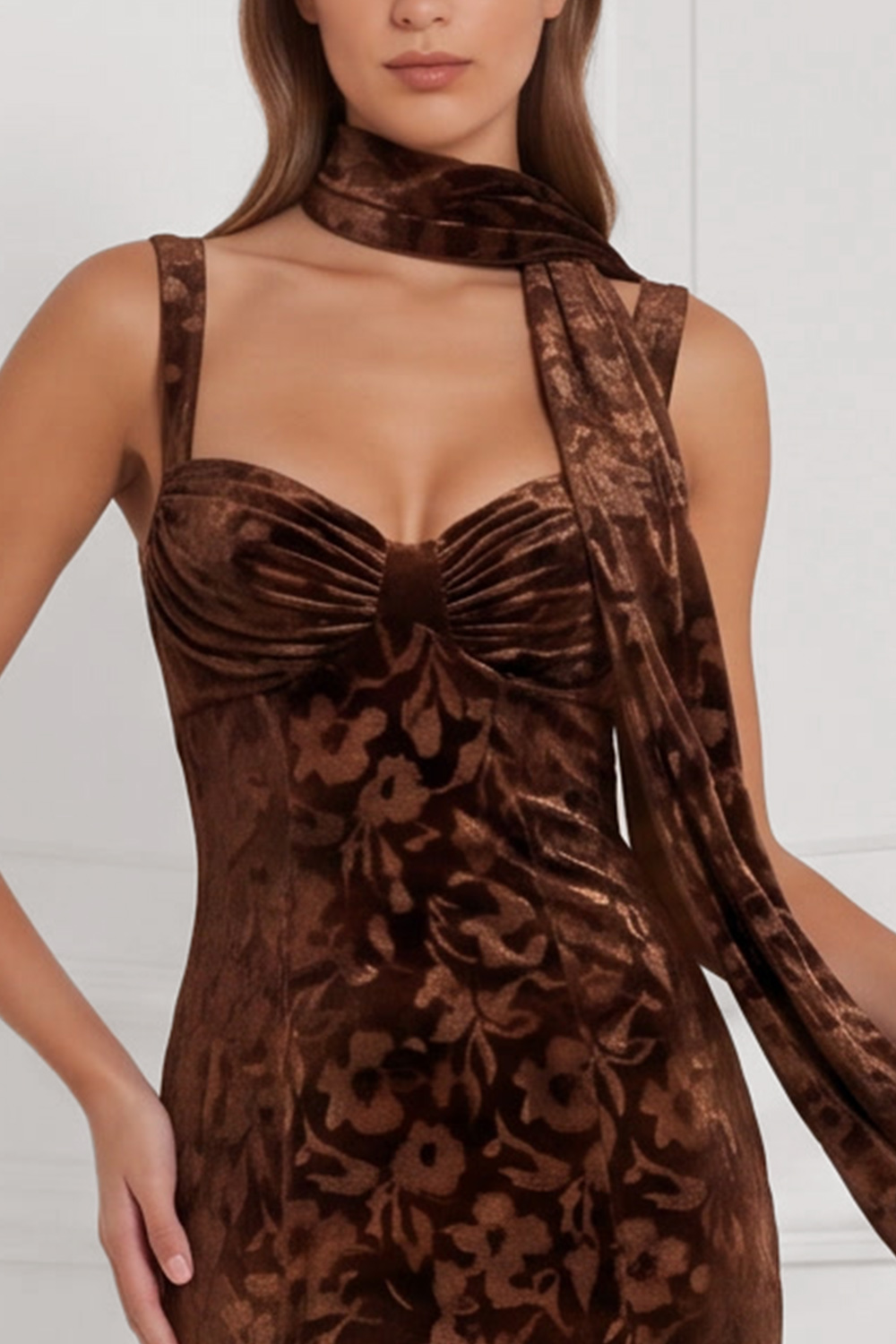 Espresso Thick Straps Sheath Ruched Long Floral Holiday Party Dress