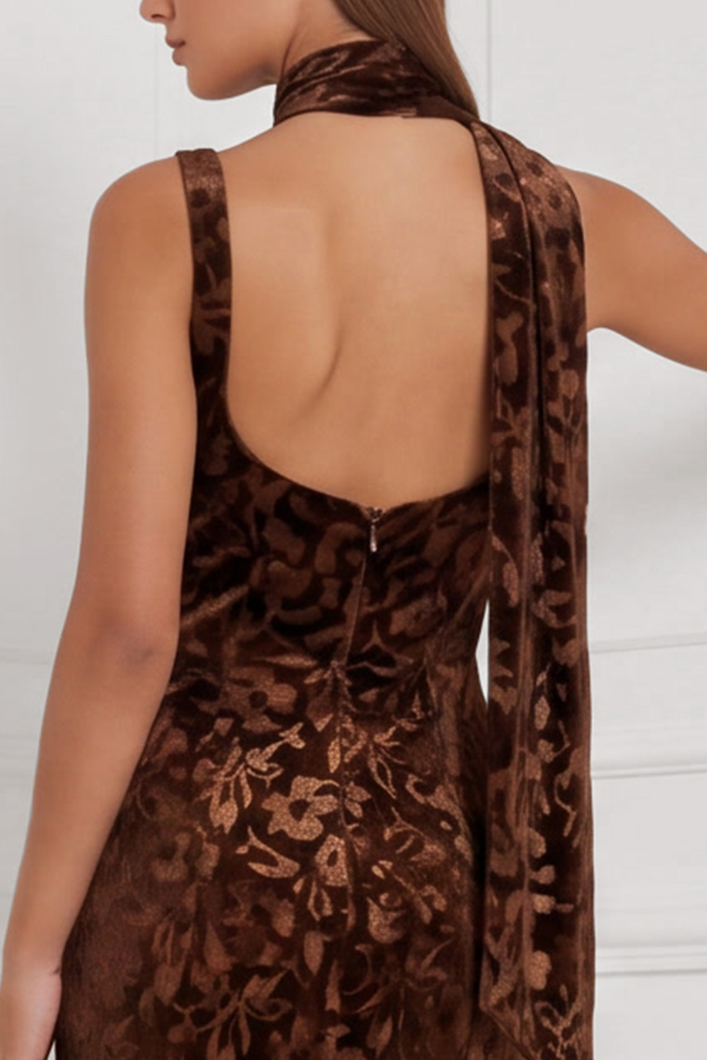 Espresso Thick Straps Sheath Ruched Long Floral Holiday Party Dress