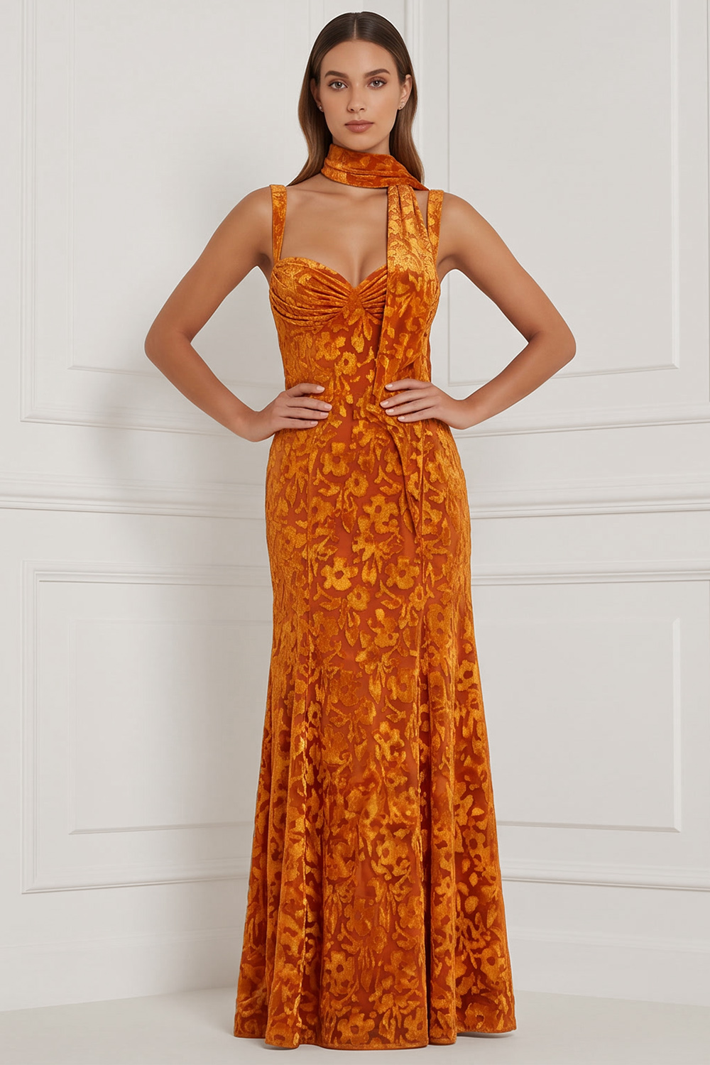 Espresso Thick Straps Sheath Ruched Long Floral Holiday Party Dress