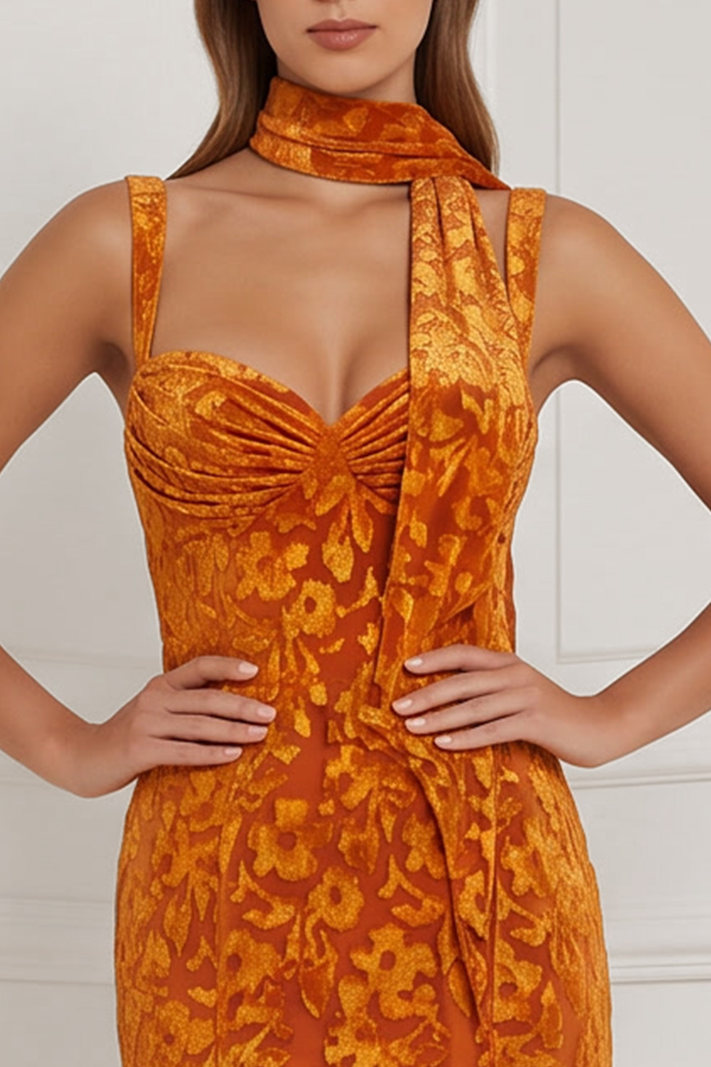 Espresso Thick Straps Sheath Ruched Long Floral Holiday Party Dress
