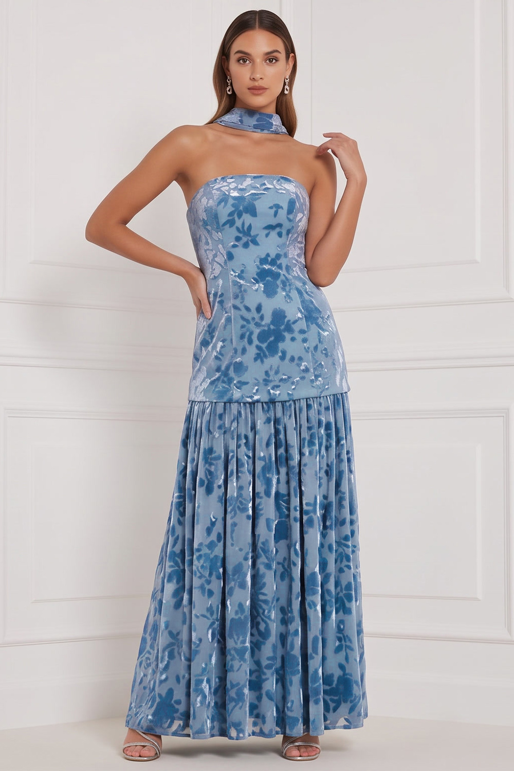 Blue Floral Strapless Velvet Long Holiday Party Dress