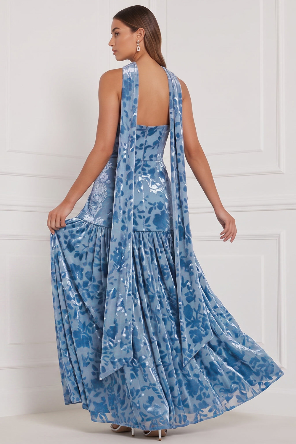 Blue Floral Strapless Velvet Long Holiday Party Dress