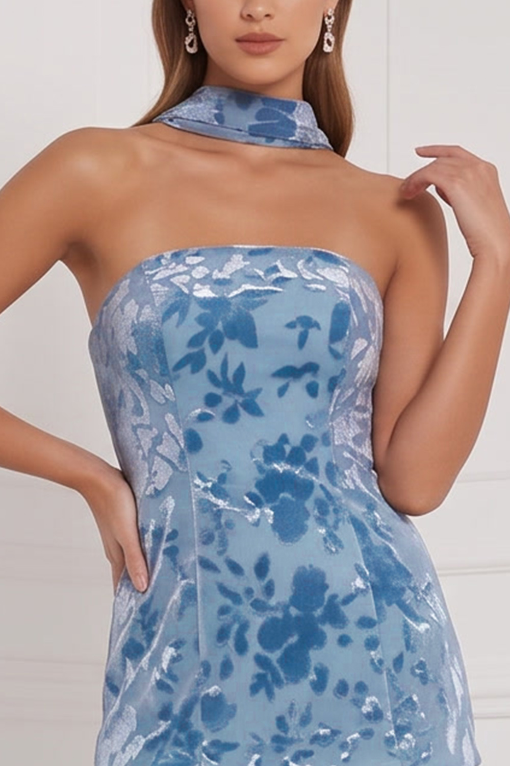 Blue Floral Strapless Velvet Long Holiday Party Dress