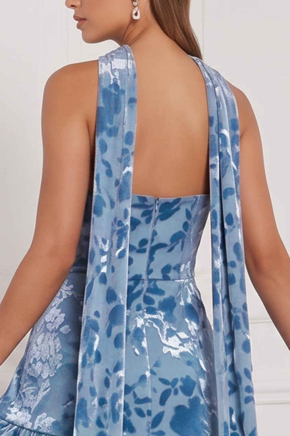 Blue Floral Strapless Velvet Long Holiday Party Dress