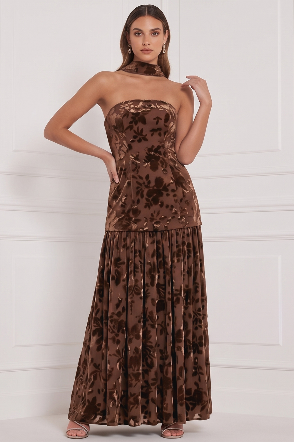 Blue Floral Strapless Velvet Long Holiday Party Dress