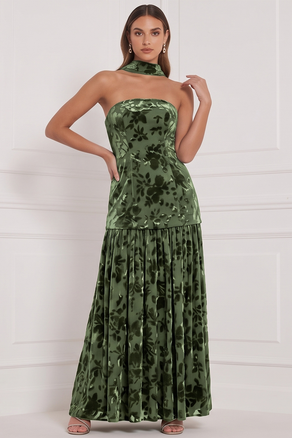 Blue Floral Strapless Velvet Long Holiday Party Dress