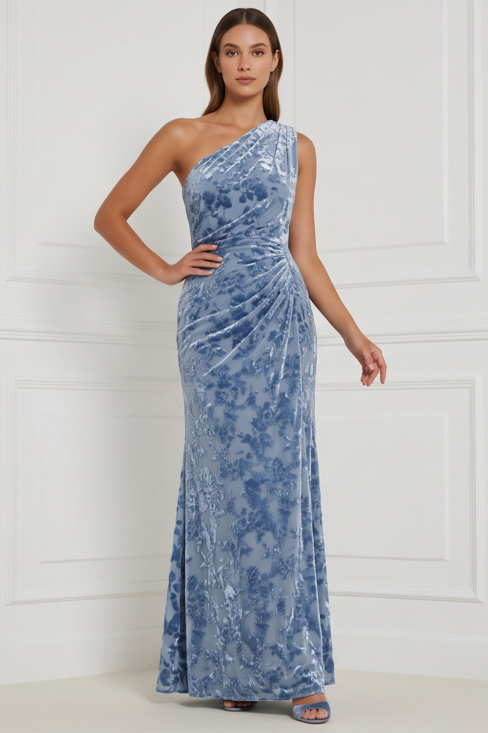 Blue Velvet One Shoulder Sheath Ruched Long Holiday Party Dress