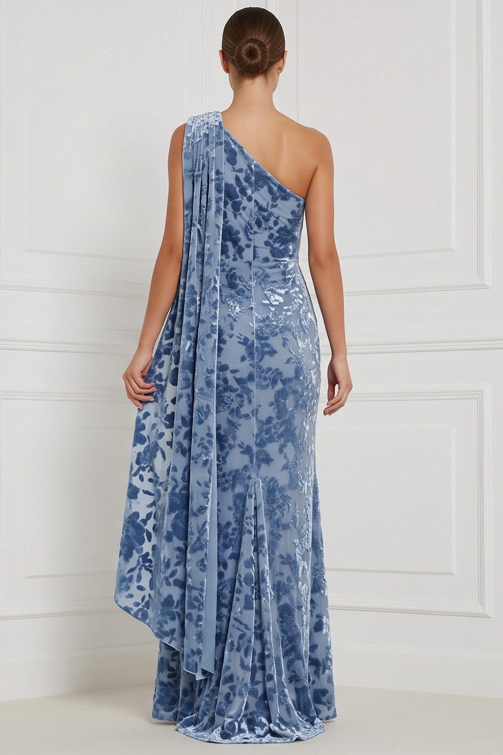Blue Velvet One Shoulder Sheath Ruched Long Holiday Party Dress