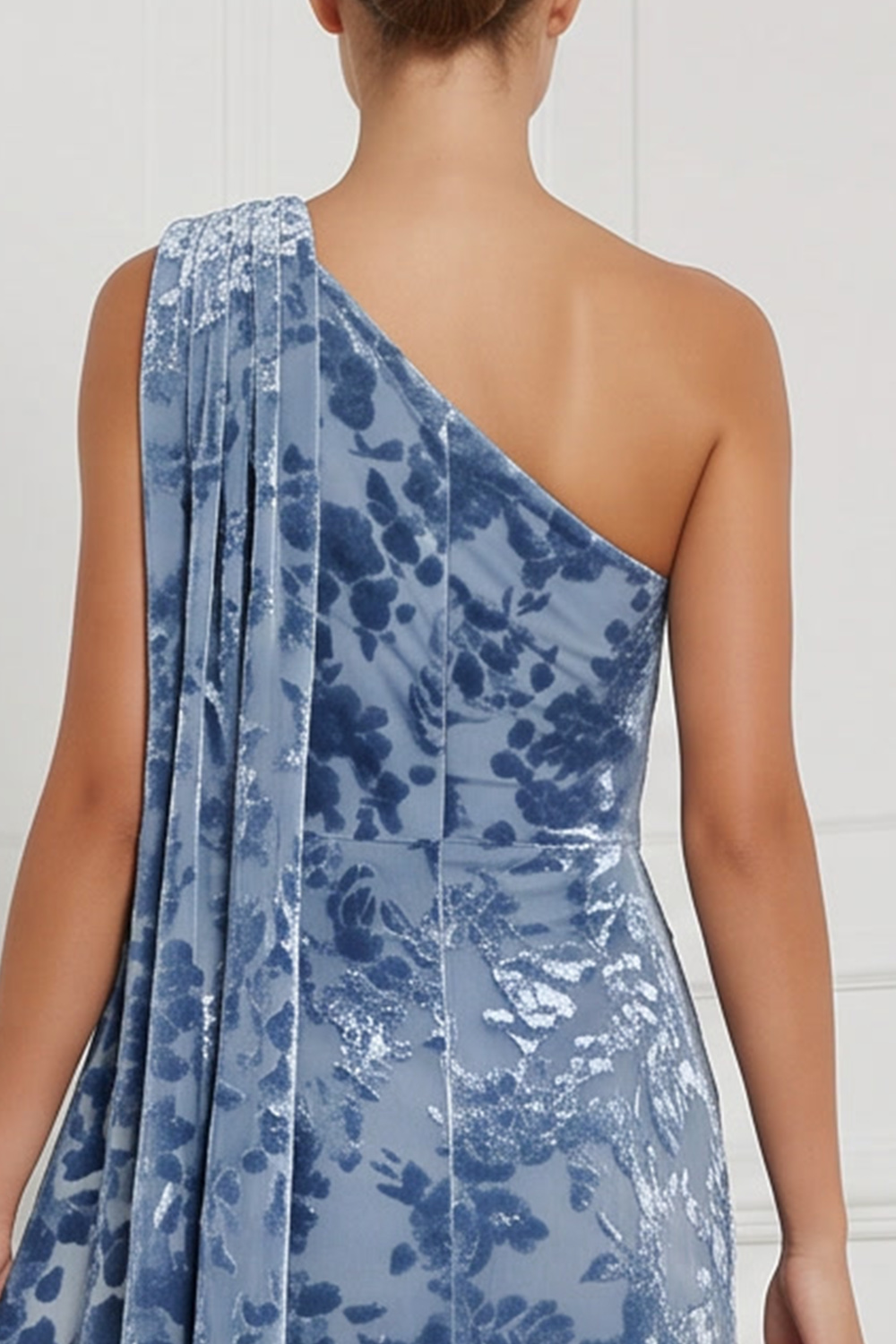 Blue Velvet One Shoulder Sheath Ruched Long Holiday Party Dress